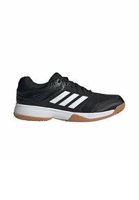 Black athletic shoe with synthetic upper, white stripes, and a gum rubber sole. Mesh panels for breathability; features reinforced toe cap.