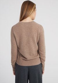 Beige gestrickter Pullover mit einem gerippten Ausschnitt und Saum, langen Ärmeln und einer weichen Textur. Rückansicht zeigt eine lockere Passform.