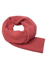 Écharpe en maille côtelée douce de couleur rose poudré, enroulée lâchement sur une surface plane.