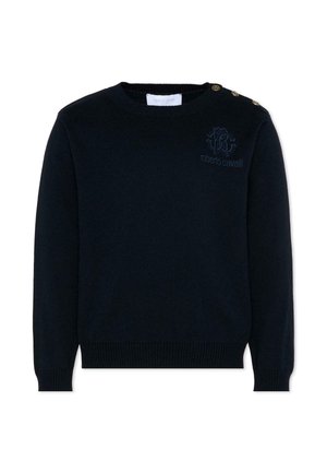 Pull en maille noire à manches longues avec poignets et ourlet côtelés, boutons dorés sur l'épaule gauche et logo "Roberto Cavalli" brodé sur la poitrine.