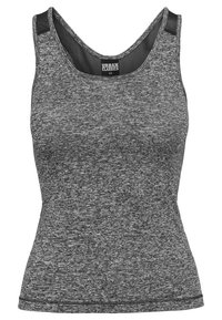 Débardeur gris ajusté sans manches avec des patchs noirs aux épaules et un col rond, étiqueté Urban Classics taille XS.