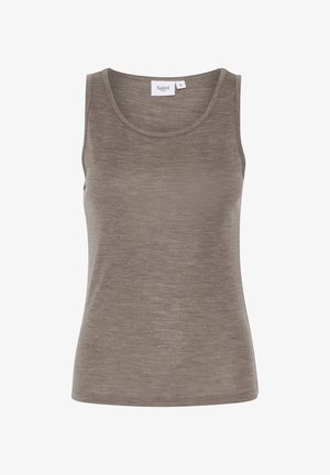 Mouwloze tanktop in lichtbruin, gemaakt van een zachte, gestructureerde stof met een ronde halslijn en zonder zichtbare patronen of accenten.