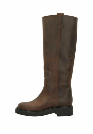 Brown leather knee-high boot with rounded toe, smooth texture, and a flat, chunky sole. Features a simple, minimalistic design with stitching accents.