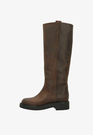 Bruine leren kniehoog laars met ronde neus, gladde textuur en een platte, stevige zool. Kenmerkt zich door een eenvoudig, minimalistisch ontwerp met stikselaccenten.