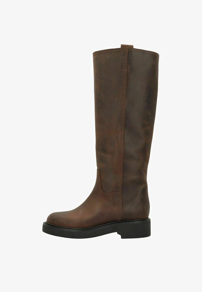 Bruine leren kniehoog laars met ronde neus, gladde textuur en een platte, stevige zool. Kenmerkt zich door een eenvoudig, minimalistisch ontwerp met stikselaccenten.