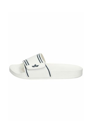 Slide sandal in white with a textured footbed, adjustable strap, and navy blue accent stripes and logo on the strap.