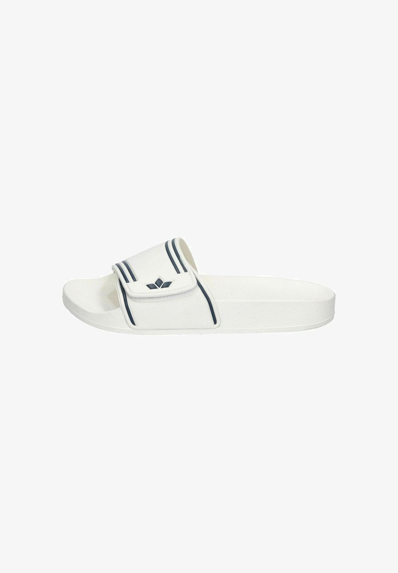 Slide sandal in white with a textured footbed, adjustable strap, and navy blue accent stripes and logo on the strap.