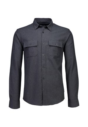 Mörkgrå långärmad skjorta i mjukt tyg, med två bröstfickor, knäppning framtill och traditionell krage.