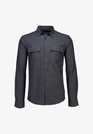 Tummanharmaa pehmeästä kankaasta valmistettu pitkähiha paita, jossa on kaksi rintataskua, napillinen etuosa ja perinteinen kaulus.