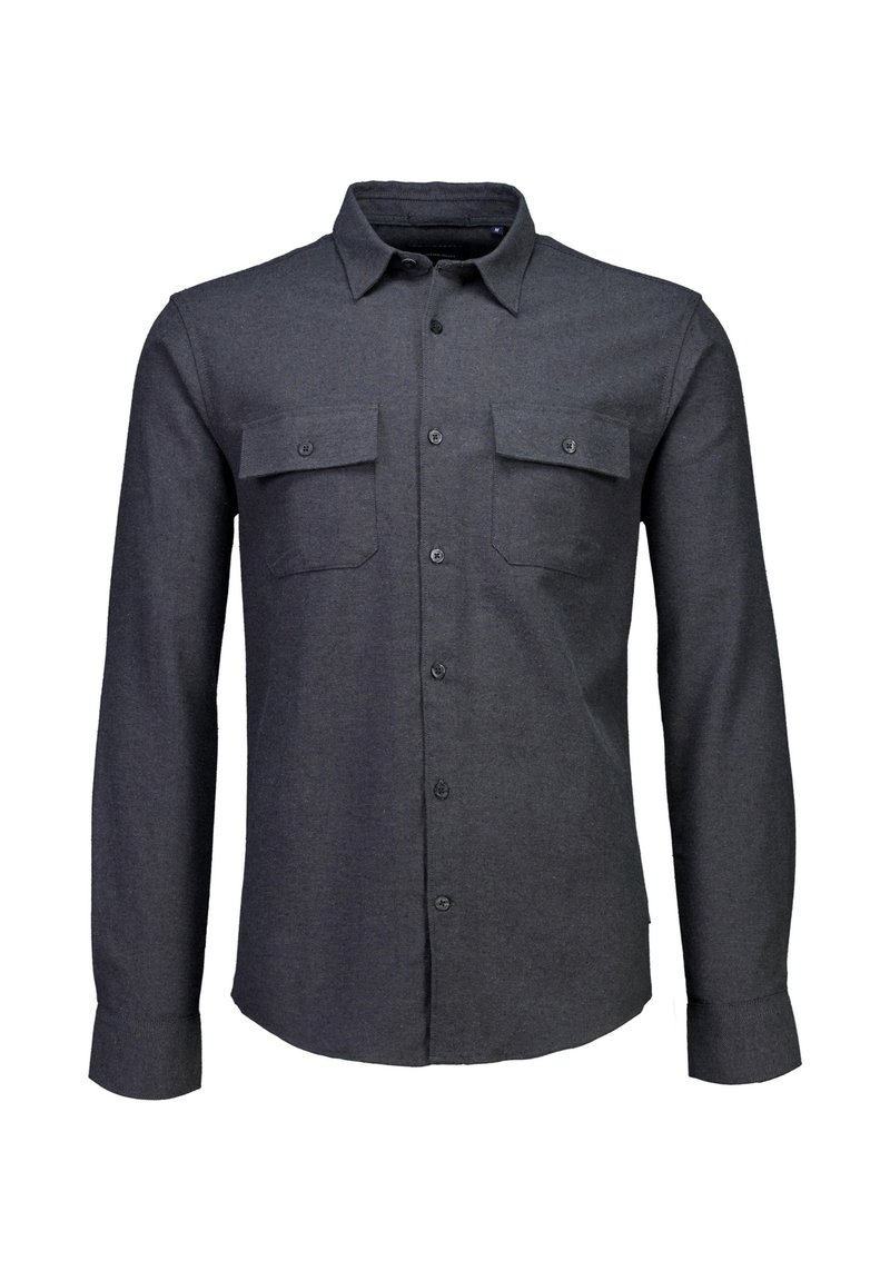 Donkergrijs shirt met lange mouwen van zachte stof, voorzien van twee borstzakken, een knoopsluiting aan de voorkant en een traditionele kraag.