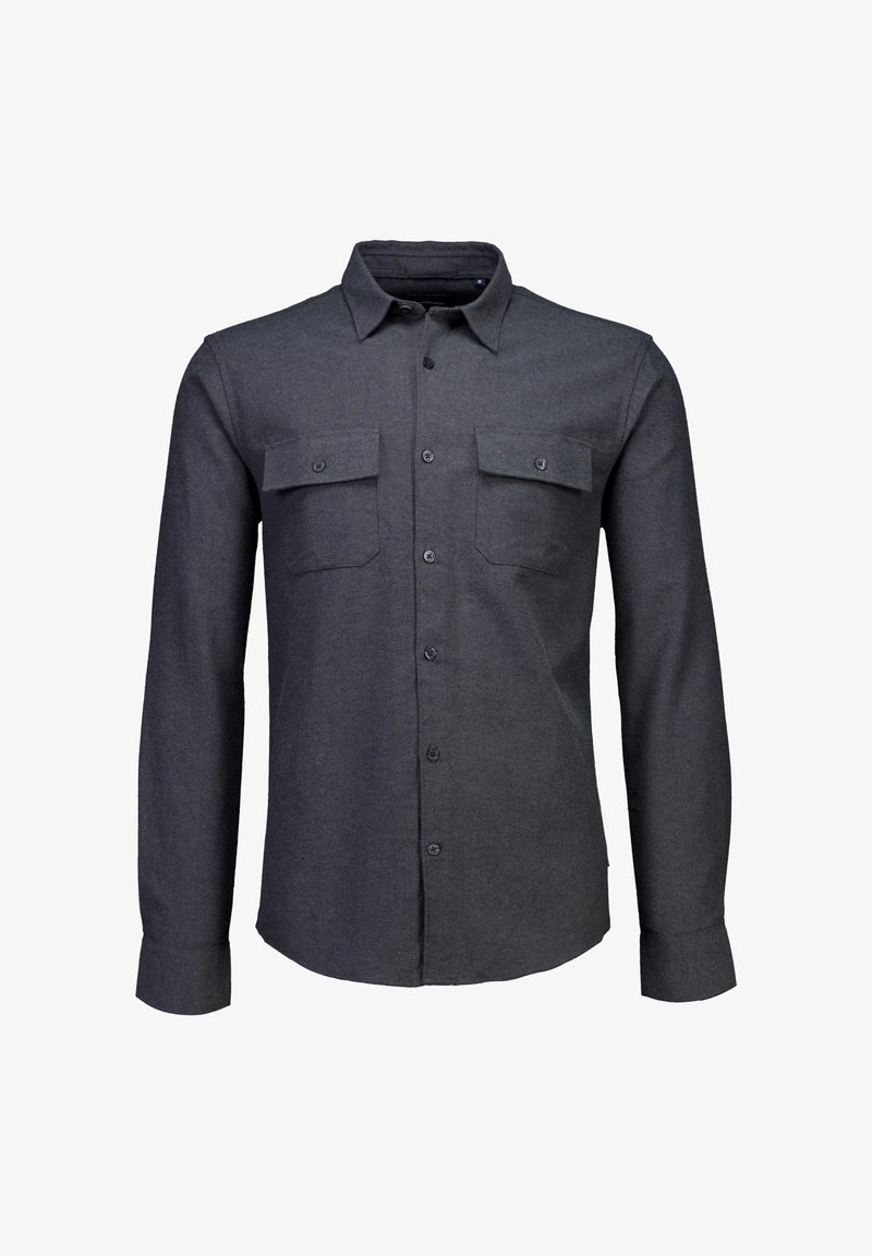 Donkergrijs shirt met lange mouwen van zachte stof, voorzien van twee borstzakken, een knoopsluiting aan de voorkant en een traditionele kraag.