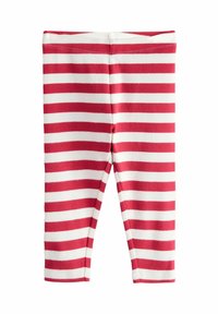 Leggings a righe rosse e bianche realizzati in cotone rigato. Lunghezza alla caviglia con vita elasticizzata. Strisce orizzontali distribuite uniformemente.