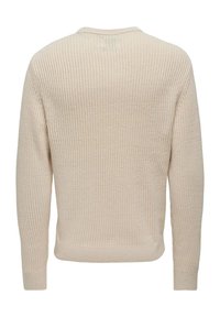 Maglione a coste color crema con maniche lunghe e scollo rotondo. Presenta un knit testurizzato e polsini e orlo aderenti.