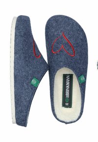 Blue felt slippers with a heart design in red, white inner lining, green tag, and textured sole for traction. Closed back style.
