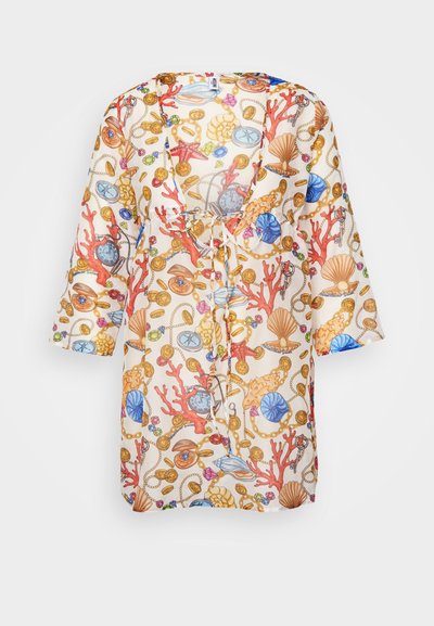 Lightweight, sheer cover-up with a V-neck, three-quarter sleeves. Features a multicolored seashell and coral pattern on a beige background.
