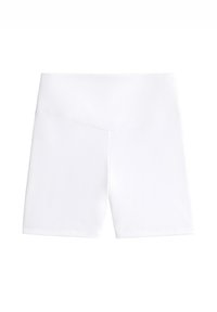 White active shorts made from stretchy fabric. Features a high waistband and a fitted design with a smooth texture. Plain with no patterns.
