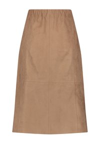 Hame džíns v barvě tan suède s elastickým pasem, s vertikálním švem a hladkým povrchem. Jednoduchý, nezdobený design.