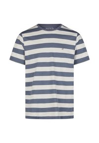 Randig t-shirt i marinblått och krämfärgat, kort ärm, rund halsringning, i bomullsmaterial, liten logotyp på vänster bröst.