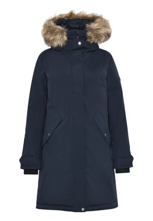 Navy parka jacket with fur-lined hood, featuring side pockets, snap and zipper closures, and ribbed cuffs for insulation.