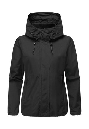 Veste légère noire à capuche avec cordons réglables et poches zippées à l'avant, conçue pour un usage décontracté et en plein air.