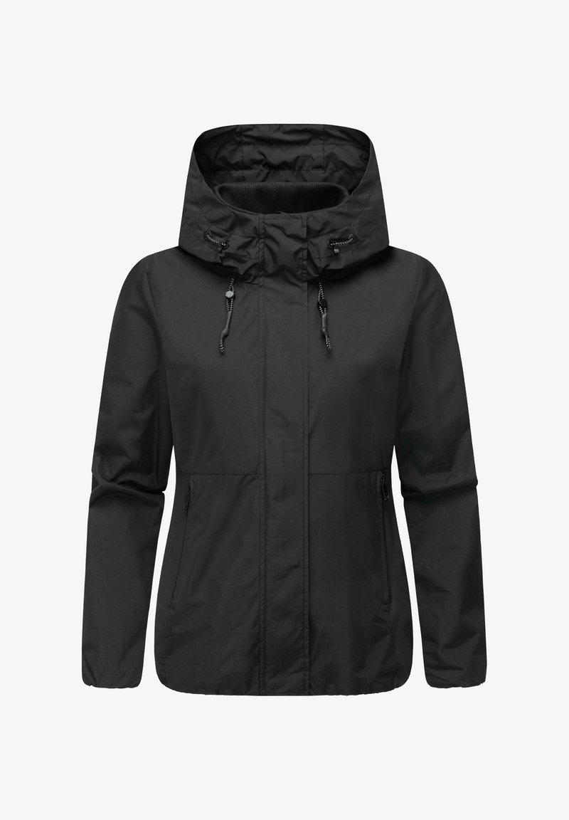 Veste légère noire à capuche avec cordons réglables et poches zippées à l'avant, conçue pour un usage décontracté et en plein air.