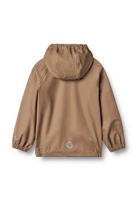 Veste à capuche beige avec des poignets et un ourlet élastiques, fabriquée dans un matériau lisse et résistant à l'eau. Présente un petit logo au dos.