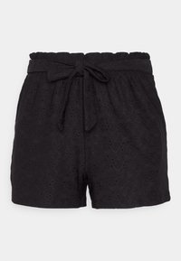 Černé kraťasy s elastickým pasem, předním zavazováním a texturovaným vzorem s vyšívanými oky. Krátká délka a volný střih.