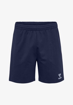 Morske modre športne hlače z elastiko v pasu, gladko teksturo in majhnim belim logotipom natisnjenim na spodnjem delu noge.