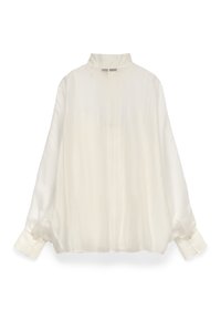 Witte zijden blouse met een hoge kraag, lange mouwen en knoopmanchetten. Voorzien van een gladde, gestructureerde stof met verticale plooien.