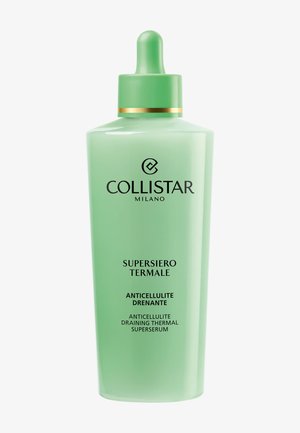 Flacon compte-gouttes vert du supersérum thermal drainant anticellulite Collistar Milano Supersiero Termale avec un accent doré sur le bouchon compte-gouttes.