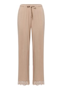 Beige katoenen broek met een elastische tailleband en trekkoord, met kantafwerking aan de zoom. Rechtaf broekontwerp met een soepele textuur.