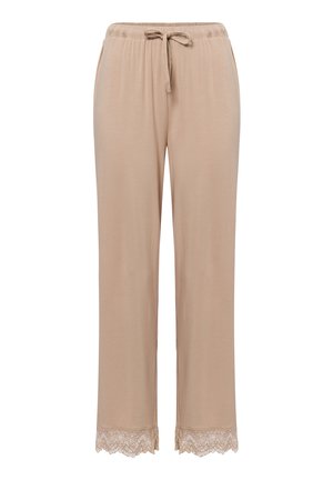 Beige Baumwollhosen mit elastischem Bund und Kordelzug, mit Spitzenbesatz am Saum. Gerades Bein Design mit glatter Textur.