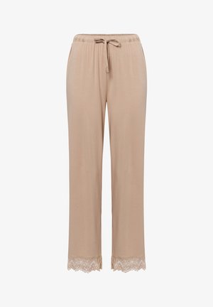 Beige cotton pants with an elastic waistband and drawstring, featuring lace trim at the hem. Straight leg design with a smooth texture.