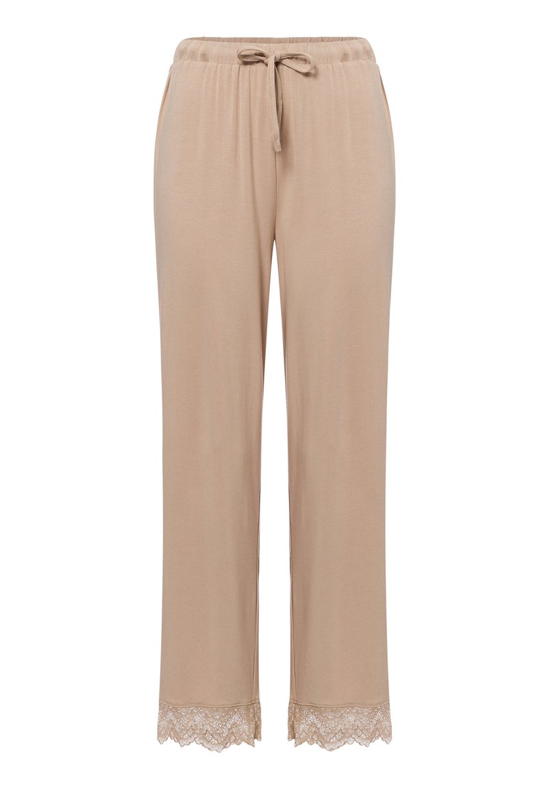Beige katoenen broek met een elastische tailleband en trekkoord, met kantafwerking aan de zoom. Rechtaf broekontwerp met een soepele textuur.