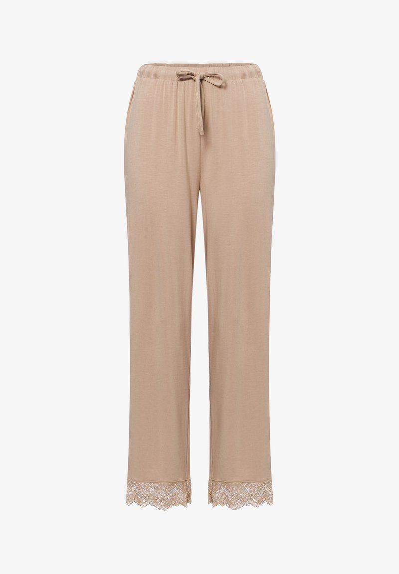Beige katoenen broek met een elastische tailleband en trekkoord, met kantafwerking aan de zoom. Rechtaf broekontwerp met een soepele textuur.