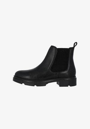 Stivaletti Chelsea neri in pelle con pannelli laterali elasticizzati e suola robusta e testurizzata. Anello distintivo per facilitare la calzata.