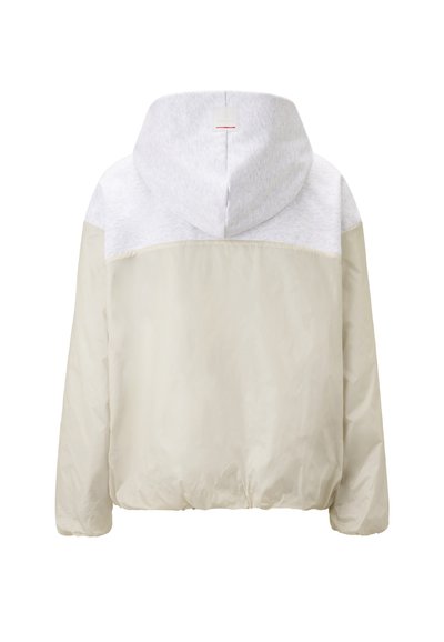 Hooded jacket met een lichtgrijze bovenkant en een crèmekleurig ondergedeelte, gemaakt van een glad, glanzend materiaal met elastische manchetten en een zoom.
