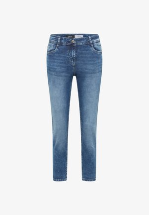 Mid-blue denim jeans with a slim fit, five-pocket style, button closure, and faded wash on front and legs.
