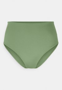 Parte de baixo de biquíni de cintura alta em tecido macio e elástico, com uma cor verde salva sólida e bordas sem costura para conforto.