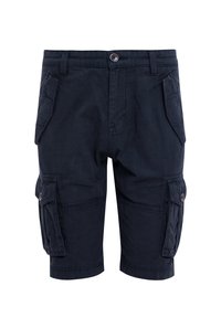 Bermuda cargo navy con molte tasche laterali, chiusura a bottoni e taglio dritto. Realizzati in tessuto robusto con una texture liscia.
