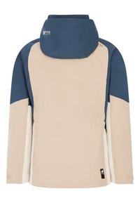 Hooded jack gemaakt van lichtgewicht materiaal, met blokken in roomkleur, marineblauw en wit, een logo op de achterkant en verstelbare manchetten.