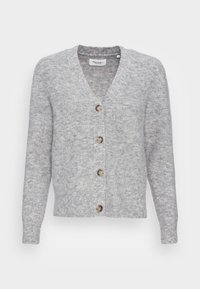 Jasnoszary sweter z dzianiny z dekoltem w kształcie V, pięcioma guzikami z przodu i długimi rękawami z prążkowanymi mankietami. Miła w dotyku struktura z delikatnym melanżowym wzorem.