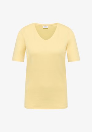 T-shirt jaune à manches courtes avec col en V et étiquette de la marque CECIL à l'intérieur du col, présenté sur fond blanc uni.