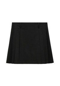 Jupe noire plissée avec une taille ajustée, confectionnée dans un tissu léger, présentant deux plis à l'avant et une texture lisse.