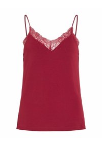 Czerwony top na ramiączkach bez rękawów, z cienkimi ramiączkami i koronkowym wykończeniem przy dekolcie w kształcie litery V, gładki materiał, widok z przodu.