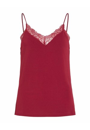 Czerwony top na ramiączkach bez rękawów, z cienkimi ramiączkami i koronkowym wykończeniem przy dekolcie w kształcie litery V, gładki materiał, widok z przodu.