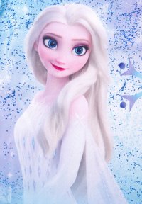 Personaggio con lunghi capelli platino biondi e occhi azzurri, indossa un abito bianco con accenti azzurri e dettagli a forma di fiocco di neve su uno sfondo blu.