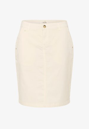 Fustă din bumbac de culoare crem, cu o croială slim, dotată cu închidere frontală cu nasturi și buzunare laterale. Textură netedă și lungime deasupra genunchiului.