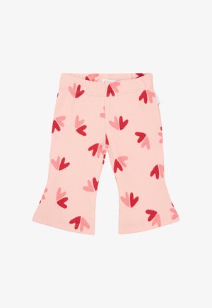 Leggings roses à côtes avec un motif de cœurs rouges et roses. Évasés aux chevilles, taille élastique pour le confort.