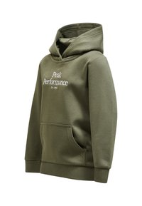 Felpa verde oliva in cotone con tasca a canguro frontale, polsini a costine e cappuccio con cordino. Presenta ricami bianchi con la scritta "Peak Performance."
